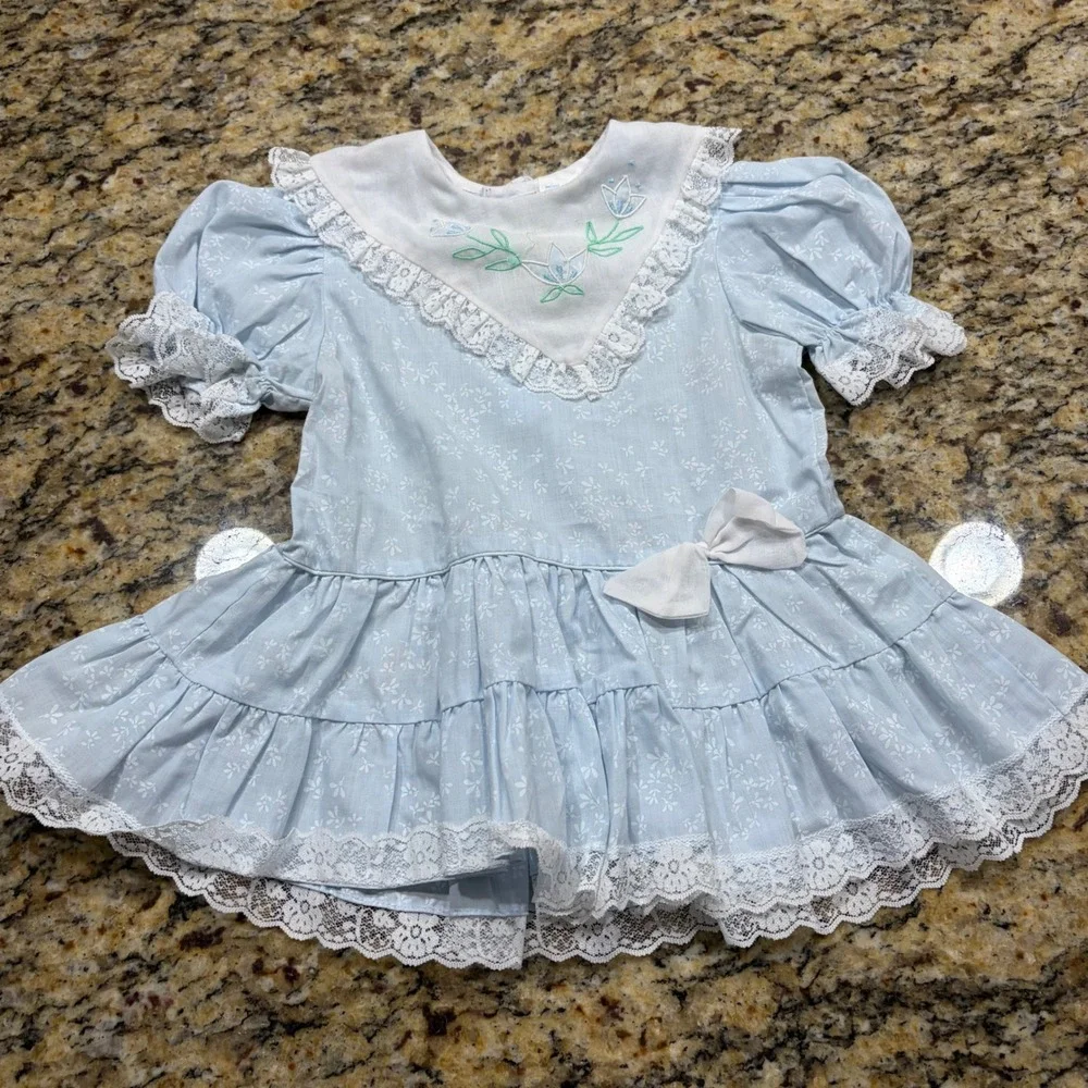 Vintage Cradle Togs Light Blue Floral Lace Embroidered Bib Collar Dress Kids